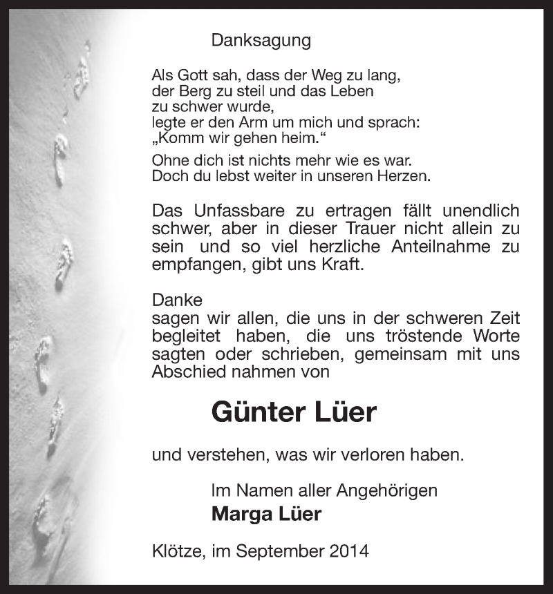  Traueranzeige für Günter Lüer vom 04.09.2014 aus Allgemeine Zeitung Uelzen /IK/AMZ